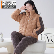 莫代爾睡衣女款冬季珊瑚絨三層夾棉加厚絨湖南省服家居服秋冬款2024新款 ZX:437[女]棕色英文灰色拼接 M