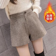 UZSC加厚毛呢千鳥格短褲女2025秋冬新款高腰a字闊腿短褲冬季外穿褲靴 卡其色 L