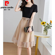 皮爾卡丹（pierre cardin）小個(gè)子方領(lǐng)網(wǎng)紗拼接假兩件連衣裙夏季2025年新款大·碼收腰顯瘦裙 黑拼卡其 4XL 【160-175斤】