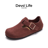 Devo Life的沃軟木勃肯鞋男女同款單鞋絨面復古包頭鞋情侶文藝休閑鞋 66008 酒紅反絨牛皮 37