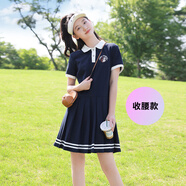 方糖姑娘初中生連衣裙少女夏裝polo裙高中學生女孩直筒休閑運動魚尾百褶裙 83116藏青 收腰款連衣裙 XXL