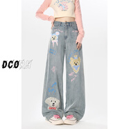 伊薇衣牛仔褲女2026年韓版新款設計感卡通小狗印花寬松直筒闊腿長(cháng)褲ins 藍色+隨機腰帶面料 M 【建議95-105斤】
