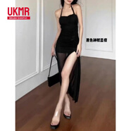 UKMR純欲感黑色掛脖吊帶連衣裙女夏季辣妹修身收腰開叉網(wǎng)紗長(zhǎng)裙子 黑色裙子【單裙子】 S 【建議95-105斤】