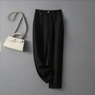 婳如嫣天絲亞麻哈倫褲女夏季薄款直筒高腰顯瘦小個(gè)子九分冰絲棉麻休閑褲 黑色 30/2XL 建議126-135斤