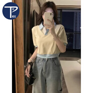 PMOG正肩POLO衫短袖T恤女夏季設(shè)計感小眾修身顯瘦甜辣ins短款上衣體恤 圖片色 M