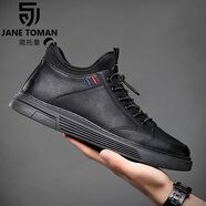 簡托曼（Jane ToMan）男鞋秋冬季2025年新款加絨保暖高幫皮鞋男黑色軟底休閑鞋男 黑色軟底款 39