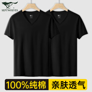 七匹狼短袖T恤男純棉夏季打底衫基礎(chǔ)純色小白T男生運動汗衫背心 兩件裝V型(黑色+黑色) XL (175) (建議125-145斤)