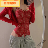 龍桃子保密發(fā)貨性感蕾絲網(wǎng)紗吊帶背心純欲包臀免脫打底衣一體式 胭脂紅連體 均碼(80-120斤)