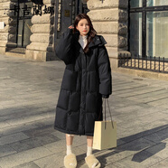 卡吉蘭娜棉服女長款過膝2024年冬季新款奶fufu連帽加厚棉襖寬松棉衣外套女 黑色 M 建議體重90-120斤