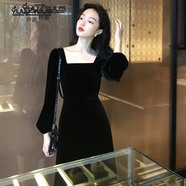 YUUZYUUS品牌女裝法式長(zhǎng)袖連衣裙2025年春秋新款時(shí)尚百搭復(fù)古絲絨黑色裙子 黑色 M 建議95-108斤內(nèi)