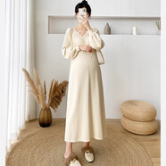 孕婦春裝大碼針織秋冬長(cháng)裙秋季寬松遮肚子長(cháng)袖春秋款女 杏色連衣裙 M