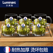 樂美雅（Luminarc）法國樂美雅耐熱鋼化玻璃杯子家用茶杯帶把水杯大容量泡茶杯加厚綠 諾卡380ML【六支】+竹盤