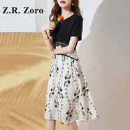 Z.R.Zoro奢侈品連衣裙女2025夏季新款撞色拼接時尚印花裙收腰顯瘦氣質裙女 拼色 M