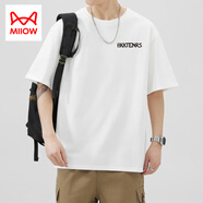 貓人（MiiOW）美式220G重磅純棉短袖t恤男夏季針織字母刺繡半袖寬松圓領(lǐng)體恤 白色 XL