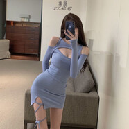 里農(nóng)秋冬季新款露肩包臀裙女辣妹性感純欲風修身顯瘦蹦迪打底連衣裙女 藍色 L（105-115斤）