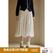 獨(dú)束大碼女裝絲絨百褶半身裙女冬裝新款高腰兩段式拼接壓褶A字半裙 杏仁米 M