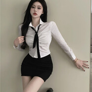 奧義馳純欲風(fēng)白色polo領(lǐng)長袖襯衫女辣妹褶皺修身襯衣短款收腰包臀裙套裝 長袖襯衣+領(lǐng)帶+包臀裙無安全褲 M建議90-99斤