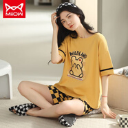 貓人（MiiOW）2023年新款純棉睡衣女夏季短袖薄款條紋休閑可外穿家居服套裝 檸檬黃 A9885 M (80-100斤)