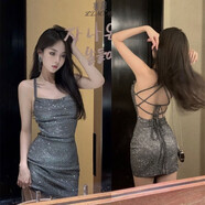 里農(nóng)包臀裙女收腰御姐氣質(zhì)名媛甜辣連衣裙純欲閃亮露背蹦迪綁帶裙子女 灰色 S（建議80-90斤）