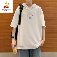 稻草人連帽短袖t恤男衛(wèi)衣夏季薄款寬松半袖帶帽潮流中袖體恤百搭五分袖 白色 M