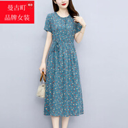 溥畔高檔法式棉麻連衣裙女夏季中長(cháng)款系帶收腰洋氣小個(gè)子休閑碎花裙子 牛仔蘭.夏裝短袖 3XL 建議.【139-150斤.】
