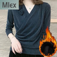 MLEX華文服裝秋季女裝V領(lǐng)洋氣時(shí)尚百搭氣質(zhì)加絨加厚打底衫 黑色加絨 5XL 140-150斤