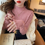 拉夏貝爾（La Chapelle）半高領(lǐng)毛衣女秋冬木耳邊打底衫內搭2023修身洋氣黑色中領(lǐng)上衣 純100自動(dòng)發(fā)熱粉色 純100自動(dòng)發(fā)熱均碼 70-120斤