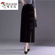 啄木鳥(niǎo)加絨金絲絨半身長(cháng)裙女秋冬開(kāi)叉包臀裙高端加厚直筒裙子顯瘦一步裙 黑色流蘇款 春秋款 5XL