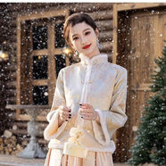 互柔跨晚明星同款晚禮服女高級輕奢中式伴娘服秋冬款長袖加絨大碼婚禮 香檳 新蝴蝶B款立領(lǐng)加絨 M