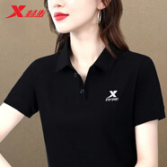 特步女款上衣Polo衫秋季短袖透氣t恤女翻領(lǐng)寬松半袖休閑女裝顯瘦修身 黑【透氣速干】 M