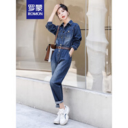 羅蒙牛仔連體褲女2023年春秋冬季新款時(shí)尚洋氣減齡休閑通勤工裝連衣褲 牛仔藍(lán) L 100-120斤