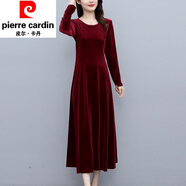 皮爾卡丹秋冬新款金絲絨連衣裙女高貴洋氣圓領(lǐng)長(zhǎng)袖氣質(zhì)長(zhǎng)款大號(hào)長(zhǎng)裙子春裝 酒紅色 M (建議100-110斤)