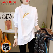 LOVER RUCCI半高領(lǐng)t恤女秋冬新款洋氣寬松加絨加厚內(nèi)搭中長款遮臀長袖打底衫 992-97白色(德絨款) L 適合110-125斤