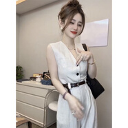 源夫人2025夏季網(wǎng)紅新款時(shí)尚連體衣褲女氣質(zhì)V領(lǐng)無(wú)袖亞麻高腰顯瘦闊腿褲 米色【送腰帶】 S 【建議80-95斤】