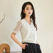 歐柏蘭奴【商場(chǎng)同款】2024年春優(yōu)雅紐扣鏤空短袖V領(lǐng)開(kāi)衫毛衫上衣 W11米白 M