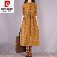 皮爾卡丹（pierre cardin）23年新款亞麻女裝連衣裙秋冬復(fù)古碎花翻領(lǐng)收腰長袖袍子棉麻大擺中 黃色 關(guān)注店鋪優(yōu)先* XL 建議125-145斤
