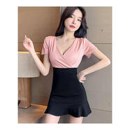 TGAI 技師工作服性感低胸修身顯瘦性感連衣裙低胸女裝彈力織錦女裝工衣荷葉邊包臀短裙 粉紅色 S