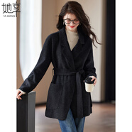 她享 中長(cháng)款毛衣大衣女寬松系帶雙面呢外套2024秋冬風(fēng)衣外套T144G1006