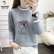啄木鳥(niǎo)少女羊毛衫加絨加厚毛衣套頭初中生秋冬韓版寬松短款圓領(lǐng)打底衫 灰色 L 95斤-110斤