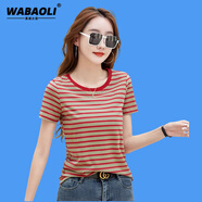 WABAOLI高檔品牌 條紋短袖T恤女夏季2024新款寬松顯瘦百搭半袖體恤上衣 紅色 2XL