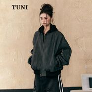 途尼美式復(fù)古棒球服加棉皮衣女秋冬短款連帽拼接pu皮夾克外套 灰色 L