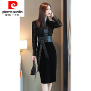 皮爾卡丹（pierre cardin）黑色絲絨連衣裙女收腰包臀裙子氣質(zhì)網(wǎng)紗提花中年媽媽洋氣早秋新款 黑色連衣裙 L