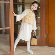 旗鉑漢服女童春秋兒童旗袍2025新款國風(fēng)連衣裙 桂葉 旗袍+馬甲 100