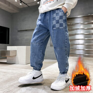 卡兔藍(lán)貓男童褲子秋冬款2021兒童加厚加絨牛仔褲中大童一體絨工裝男孩長(zhǎng)褲 拼格子牛仔褲藍(lán)色加絨 140