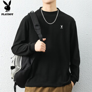 花花公子（PLAYBOY）長(zhǎng)袖T恤男春秋季衛(wèi)衣男士休閑男裝純色上衣服德絨打底衫 黑色 3XL