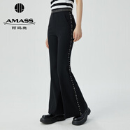阿瑪施（AMASS）女裝新款設計師款鉚釘圓環(huán)高腰休閑喇叭褲女5100483 黑 S (2碼)