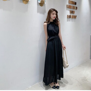 ROAR UTHAUG雪紡連衣裙2025夏季新款韓版女修身長(cháng)款無(wú)袖長(cháng)裙沙灘裙 黑色【下單腰帶】 XL 【原版腰帶】