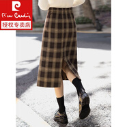 皮爾卡丹（pierre cardin）格子半身裙女復(fù)古2023新款秋冬高腰顯瘦A字裙中長(zhǎng)開(kāi)叉毛呢一步裙 咖啡色 2XL