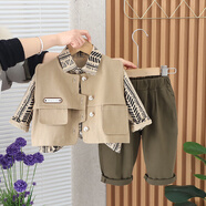 圓圓米米嬰兒套裝春裝男春秋裝兩件套1歲男女寶寶2衣服3秋冬季洋氣4加厚裝 SJ8258韓系馬甲三件套卡其色 120 碼適合110-115cm約5-7歲