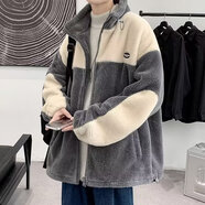 軒萊雅羊羔絨外套男冬季加絨加厚棉衣青少年初高中學(xué)生百搭拼接寬松棉服 冠哲- D218【灰色】 3XL
